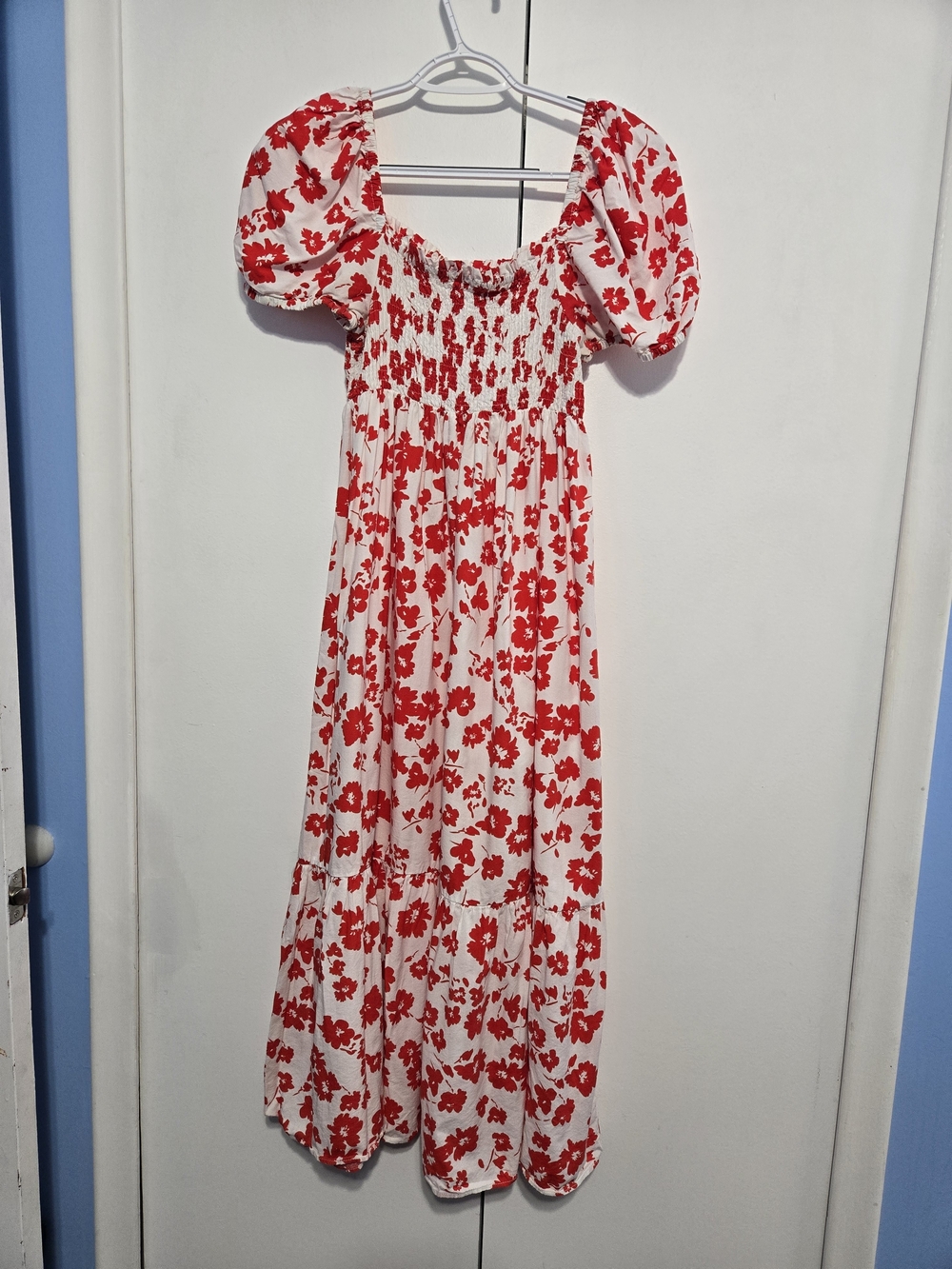 Zara Floral Smocked Puff Sleeve Midi Dress Red White Cottagecore Size S
